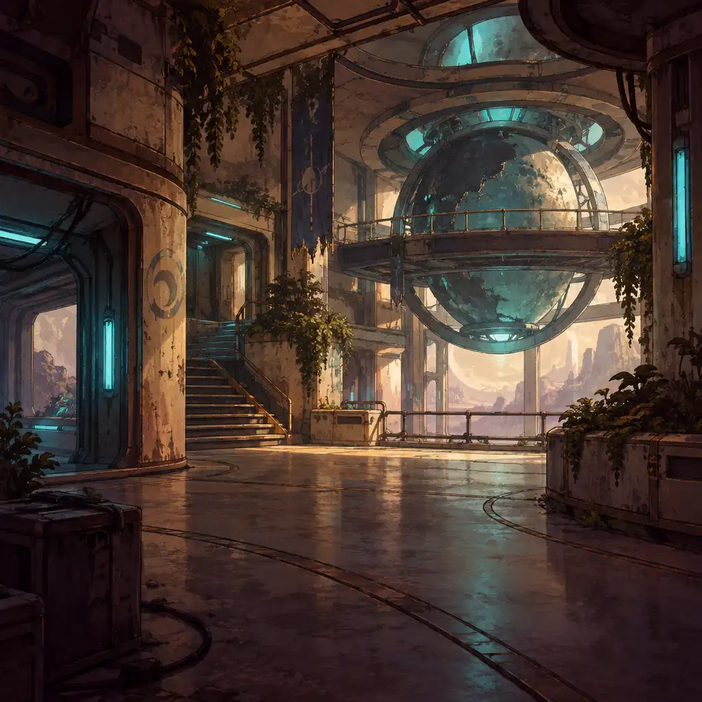 Kézzel rajzolt belső sci-fi helyszín központi vizuális nyommal és tompa teal fényekkel.