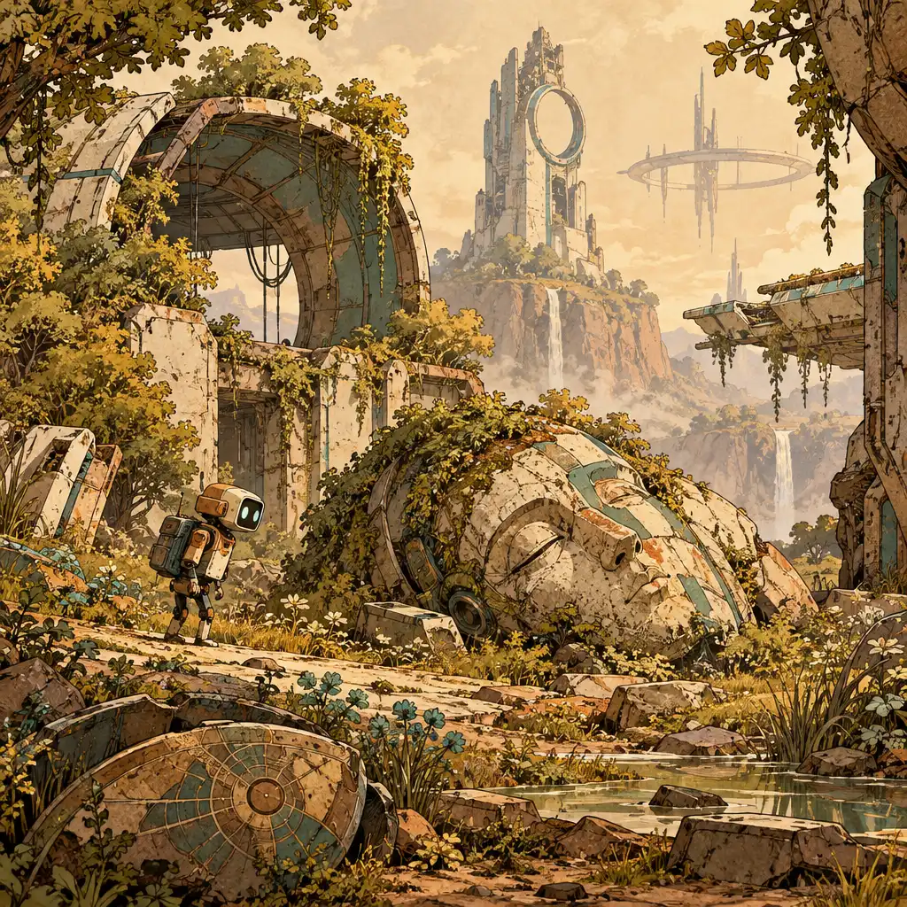 Kézzel rajzolt sci-fi romhelyszín régi szerkezetekkel és régészeti érdeklődést keltő részletekkel.