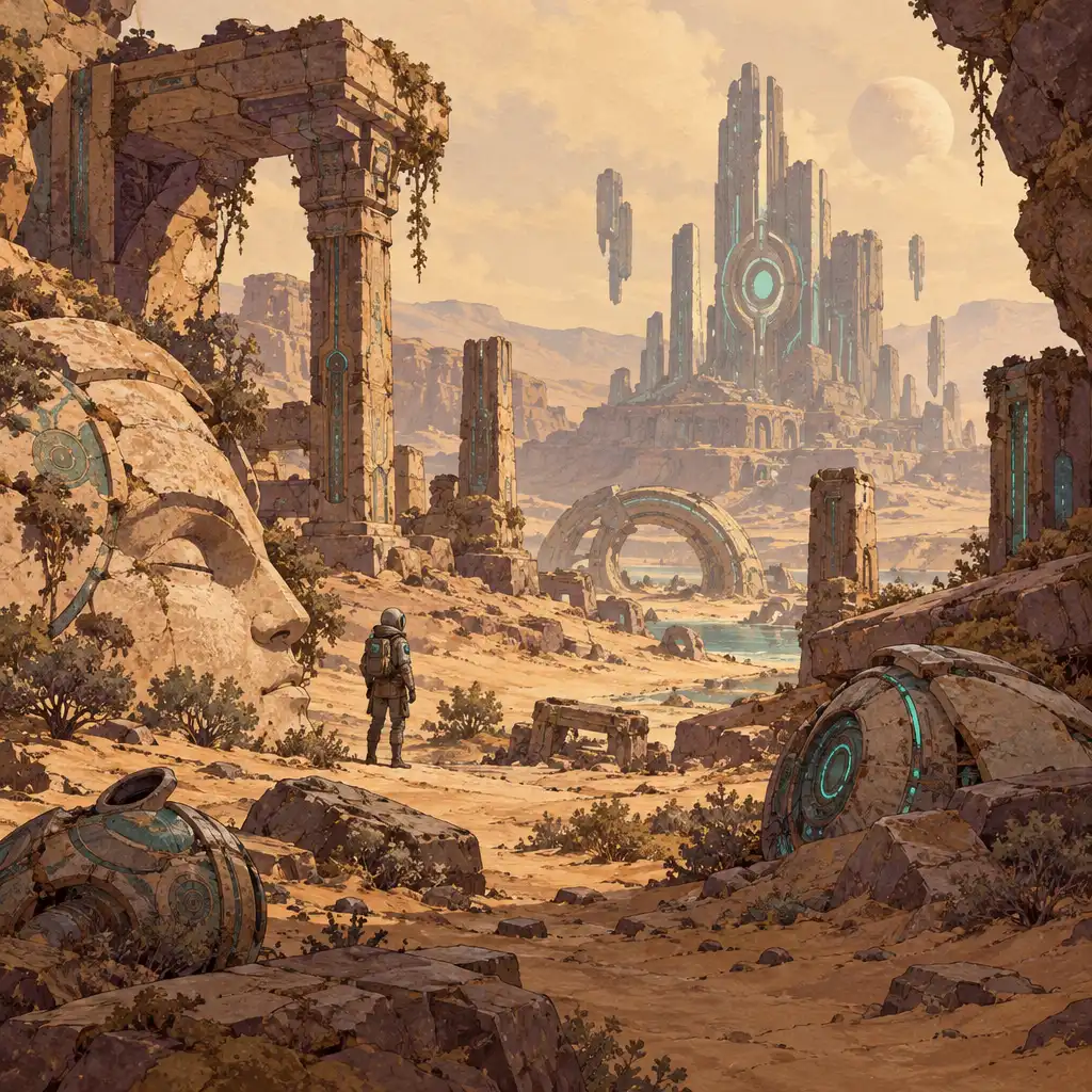Elhagyott, kézzel rajzolt sci-fi régészeti táj omladozó építészeti részletekkel és távoli teal technológiai maradványokkal.