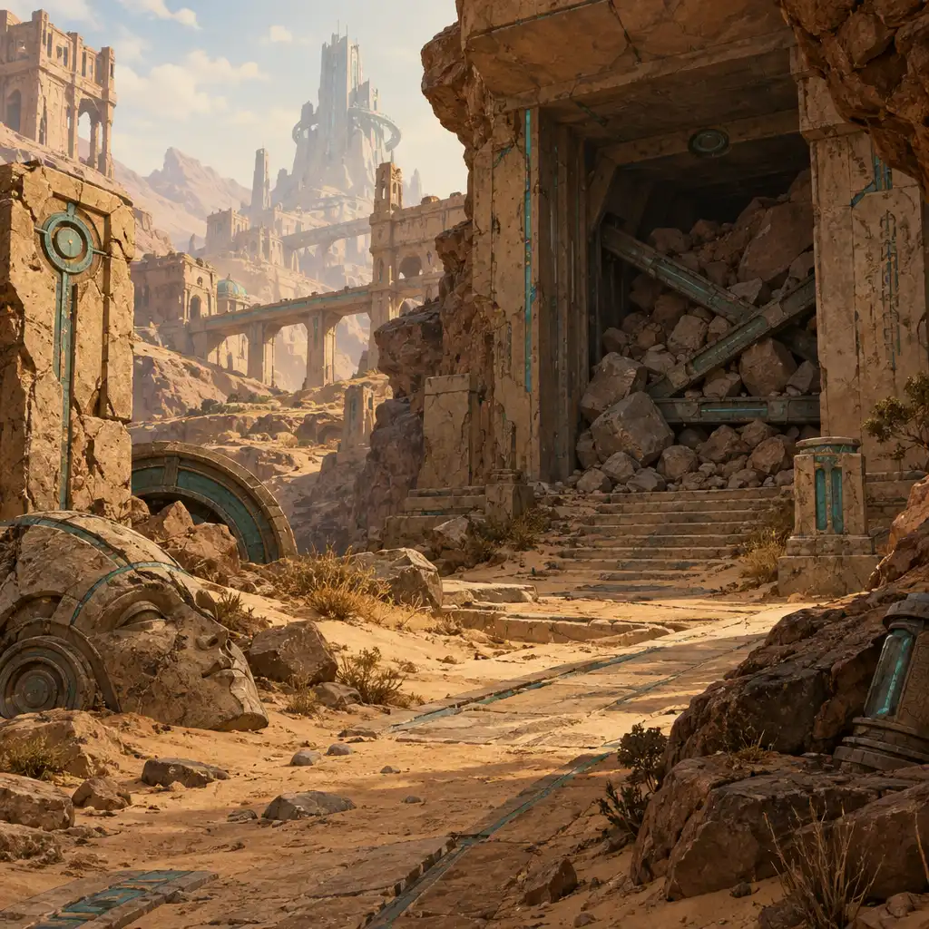 Elhagyott, illusztrált sci-fi útvonal romos építészeti részletekkel és elzárt átjáróval.