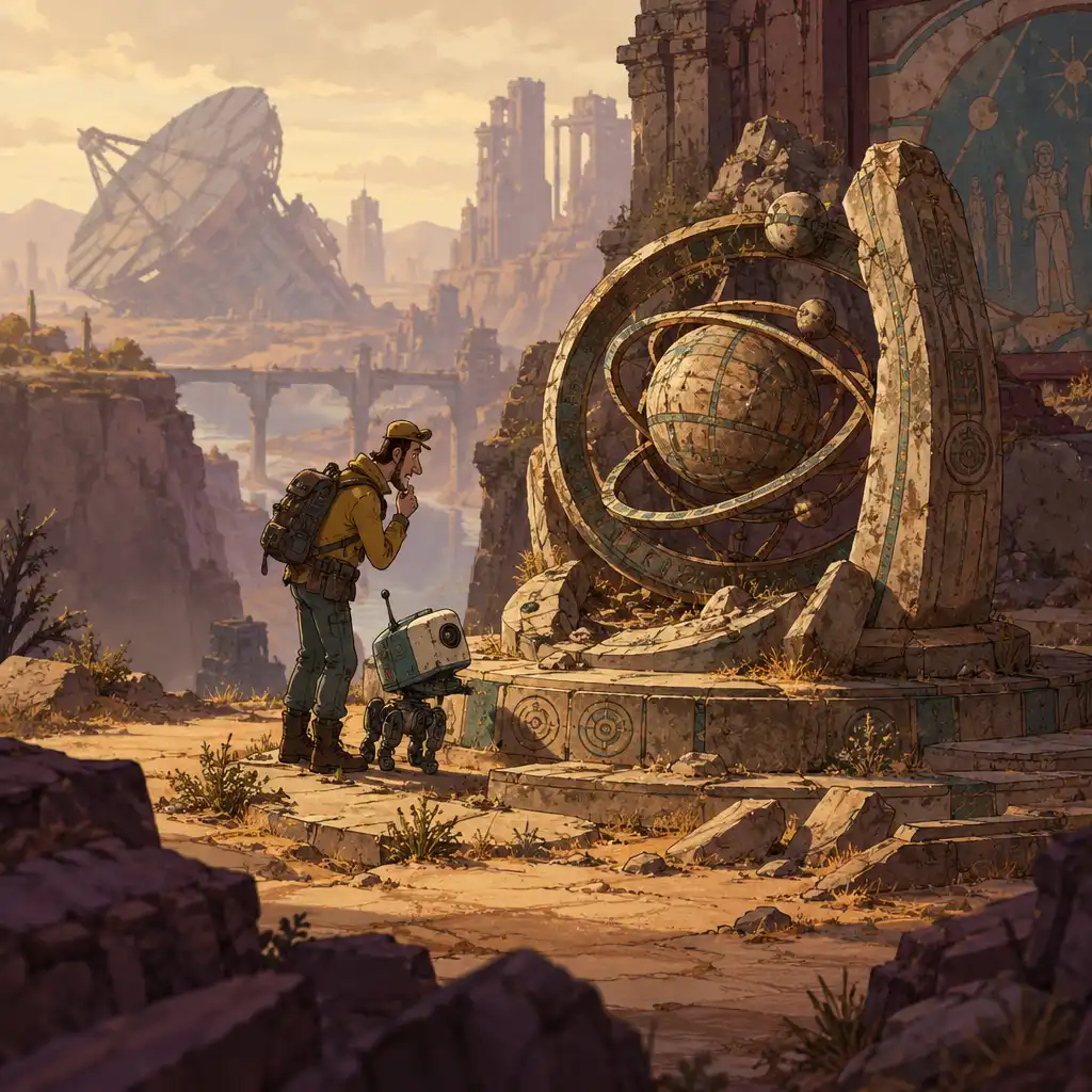 Régészeti lelet egy rajzolt sci-fi helyszín környezetében, vizsgálatra váró részletekkel.