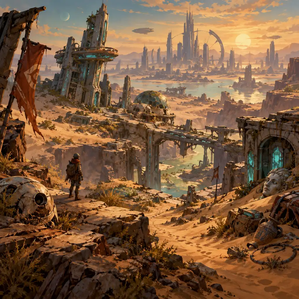 Kézzel rajzolt panoráma az elhagyott Föld romos, futurisztikus városi környezetéről.