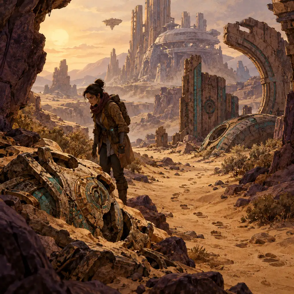 Régészeti sci-fi tér előtérben vizsgálható lelettöredékkel, középen nyomokkal teli útvonallal és háttérben futurisztikus romokkal.