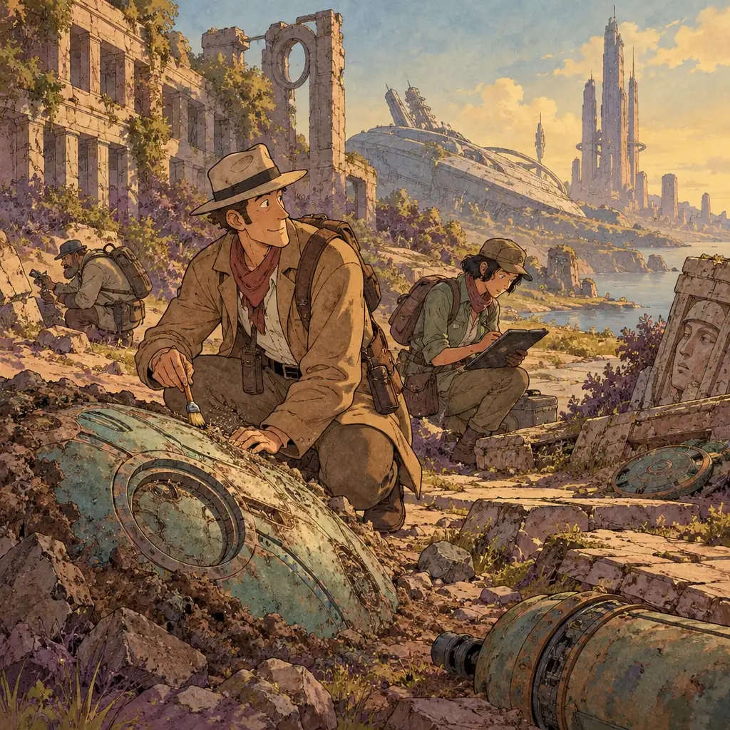 Felfedezők romos sci-fi környezetben régi technológiai nyomok mellett